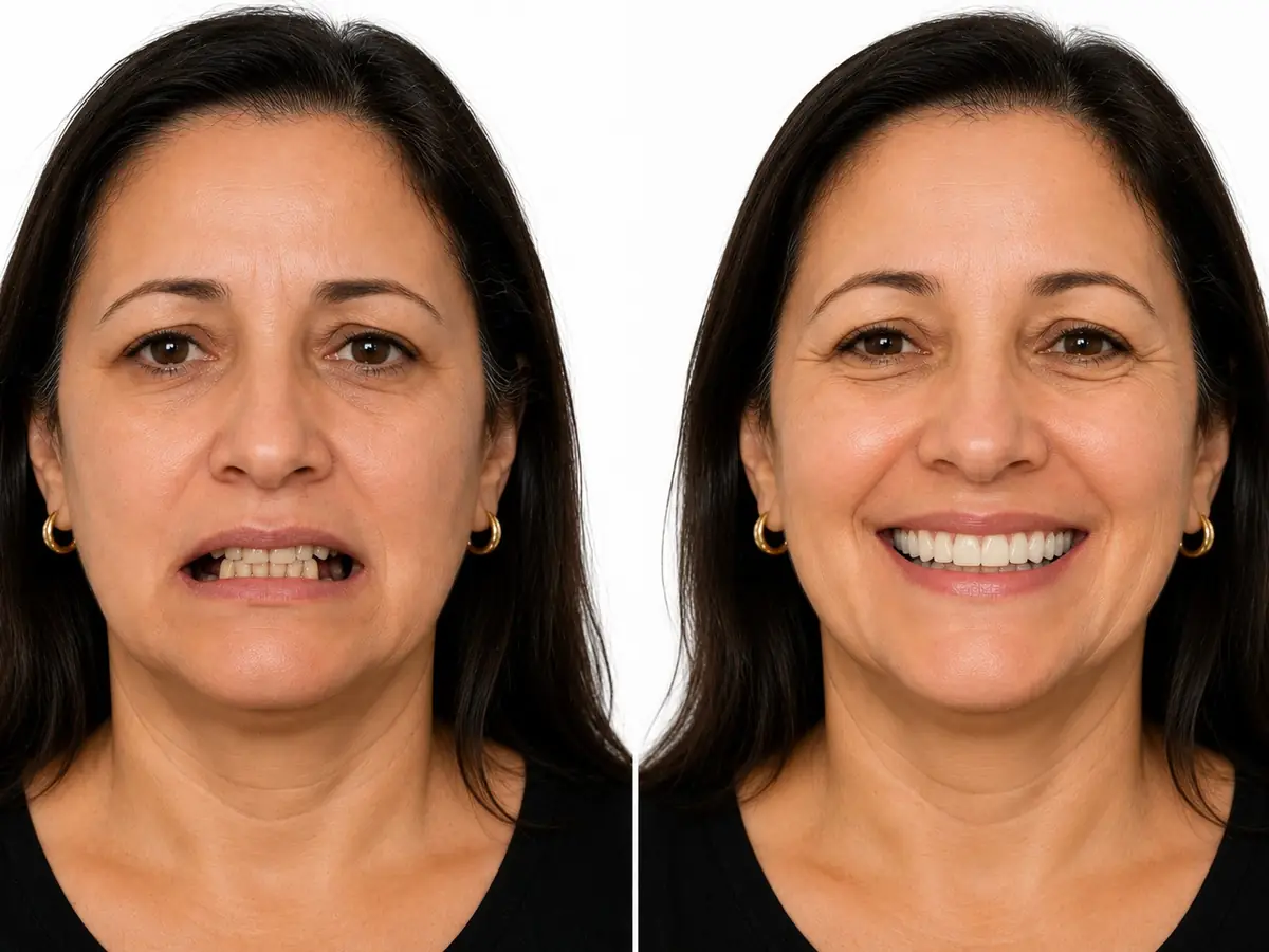 Ilustração gerada digitalmente do caso de Sandra L. — retratamento de implantes